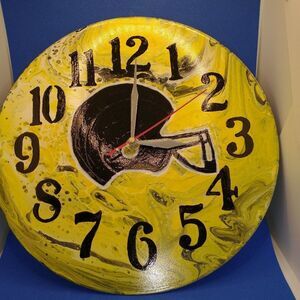 Hand Crafted Football Hanging Wall Clock Analog  Vinyl Record Fluid Art Decor